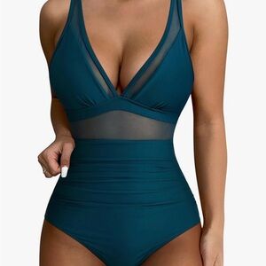 Teal Mesh Panel One-Piece Swimsuit